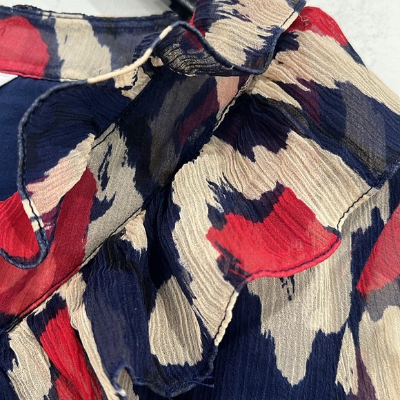 Diane von Furstenberg Candela Bis Silk Ruffle Long Sleeve Blouse Top Navy Red 10 - Picture 4 of 14